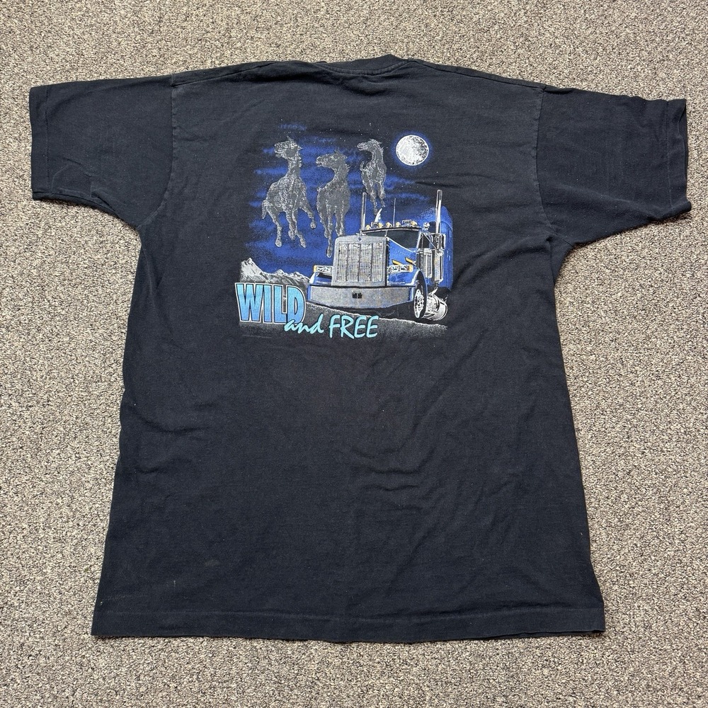 Vtg 1993 Wild Free Trucking T-Shirt Graphic XXL Semi Truck Truckers Black